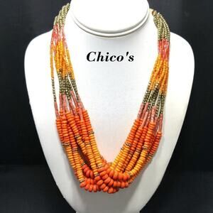 Chico's Orange Gold Beaded Necklace, Ten Strands, Glass Beads, 24 Inches